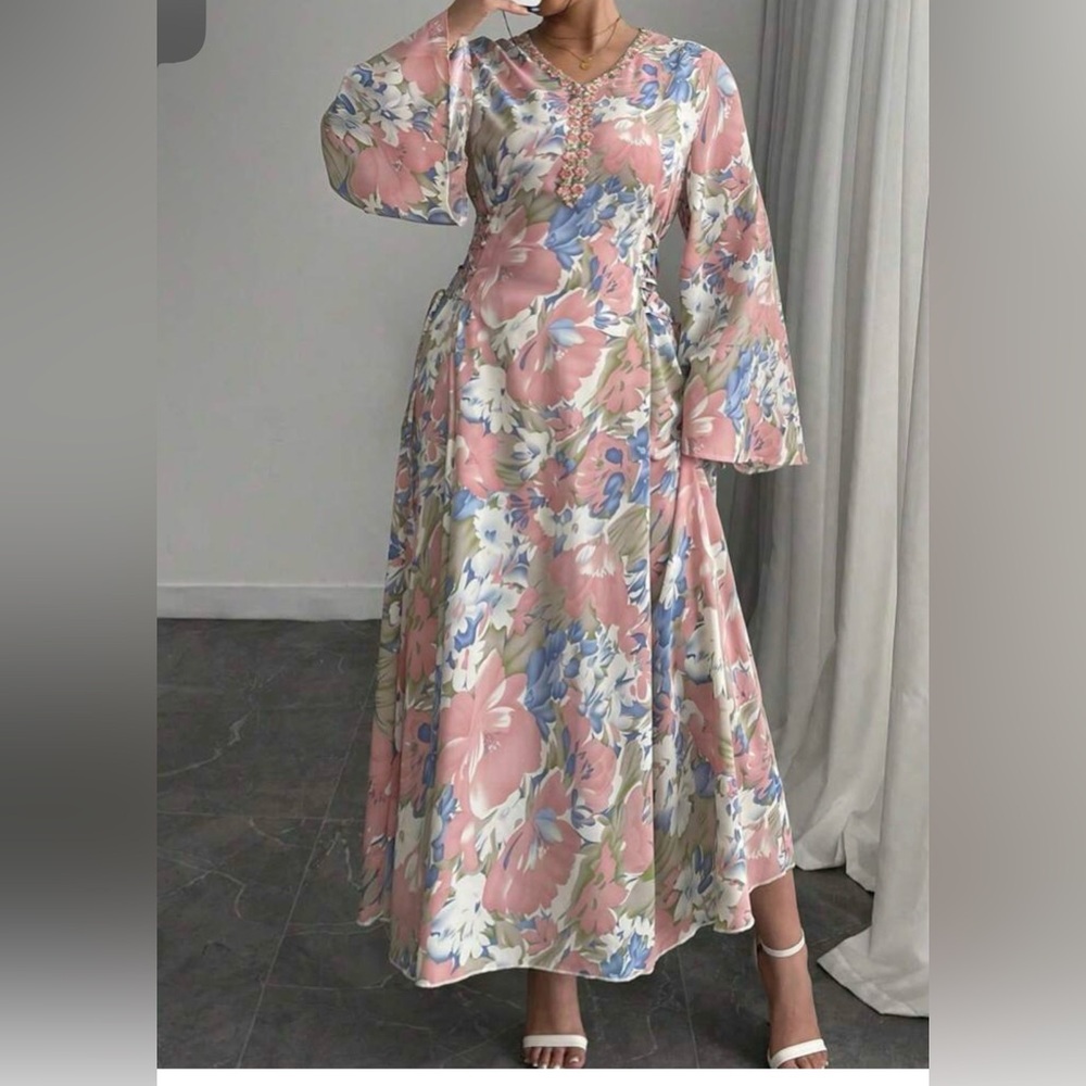 Floral Long Sleeve Pink & Blue Maxi Dress